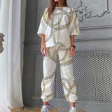 Spring Summer New Women O Neck Print Fashion Casual Set Elegant Mid Sleeves Long Pants Loose Pullover Soft Streetwear