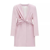 Chic Pink Cross Blazer Style Dress Women 2021 Fashion V-Neck Mini Dresses Female Elegant
