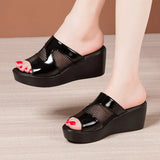 Heel Slope Sandals For Women In 2023 Summer New Style Muffin Thick Bottom Waterproof Table Hollowed-Out Net Gauze Lacquer Leather Wearing Sandals And