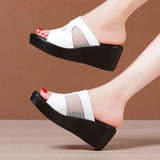 Heel Slope Sandals For Women In 2023 Summer New Style Muffin Thick Bottom Waterproof Table Hollowed-Out Net Gauze Lacquer Leather Wearing Sandals And