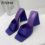 2022 New Arrival Summer Silk Triangle Square Heels heel Slippers Sexy Street Woman Party Square toe Dress Slides