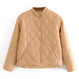 Autumn Winter Women Argyle Padded Jacket Casual Long Sleeve Button Up Coat With Pockets Female Loose Jacket