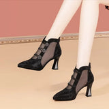 Breakj Hollow Head Sandals Women High Heels Sandals Women Wear Thick Heel Pointed Breathable Net Boots Women's