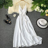 Maldives Holiday Dress Sexy Backless Straps V-neck Dress Women Solid Color Thai Seaside Maxi Long Big Swing Fairy