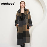Women Vintage Plaid Woolen Long Coat With Pockets Double Breasted Fashion Overcoat Female Batwing Long Sleeve Wool
