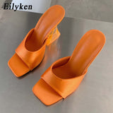 2022 New Silk Green Women's Strange Style Transparent High Heels Slippers Square toe Female Sandalias de