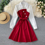 Women Casual Shirt Dress Spring Autumn Turn-down Collar Patchwork Button A-line Dress Sweet Female