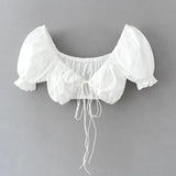 White Lace Up Bow tie Sexy Short Blouse Women Summer 2021 Casual Puff Sleeve Small Shirts femme Crop Tops