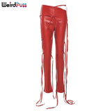 Puss Women Faux Leather Pants Skinny Sling High Waist Pencil Pants Asymmetry Solid Chic Tight Trouser Fall 2021