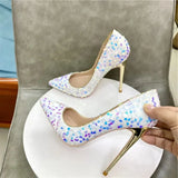Bling Sequins Women White Pointy Toe High Heel Shoes for Wedding Party Sparkle Celebrity Stiletto Pumps 8cm 10cm