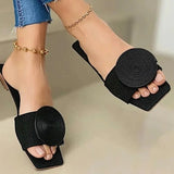 Summer Women Slipper Flat Fashion Female Shoes Square Toe Flat Round Buckle Decoration Solid Flats Sandals Beach