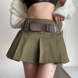 Casual Brown Pleated Mini Skirt Ladies High Waisted Short Skirts Womens with Belt Korean Fashion 90s Summer