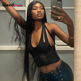 Puss Y2K Sexy Hollow Women Halter Tank Tops Sleeveless Ruched Patchwork Mesh Camisole Clubwear Fashion Solid Vest