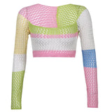 Holes Sexy Knitted Cropped T Shirt Women Autumn 2000s Aesthetic Patchwork T-shirt Women Hollow Out Fashion