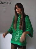 Elegant Y2K Vintage Chic Women Green Oversized Sequins T Shirt Tops 2022 New Year Spring Casual Party Blouse