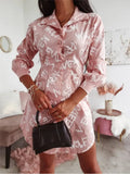 Ladies Popular Fashion Letter Print Dresses Spring Autumn Women Casual Long Sleeve Mini Dress Lapel Single-breasted Beach
