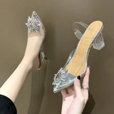 Breakj Pointy Heels Women Sunflower Diamond Hollow Back Half With High Heel Sandals