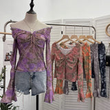 Vintage Print V-Neck Horn Sleeve Top Wooden Ear Lace With Short-Sleeved Long-Sleeved T-Shirt