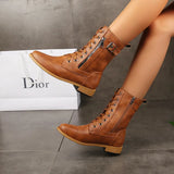 New Plus Size Retro Women Western Boots Punk Lace Up Buckle Motorcycle Boots Zipper Mid Calf Boots Ladies Short