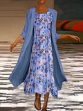 Spring Elegant Dress Suit Retro Printed Round Neck Dress Solid Jacket Two Piece Women 2022 New Fashion Office Long Dress
