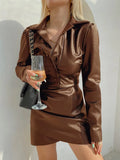 PU Bodycon Mini Dress Turn Down Collar Sexy Folds Button Shrug Leather Women Long Sleeve Dresses For Woman Fall