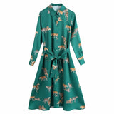 Tiger Print Sashes Turndown Collar Shirt Dress Female Long Sleeve Loose Clothes Casual Lady Vestido