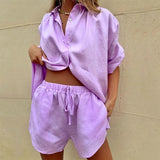 Stripe Shorts Set Loung Wear Tracksuit 2021 Summer Long Sleeve Shirt Tops And Loose High Waisted Mini Shorts Two Piece