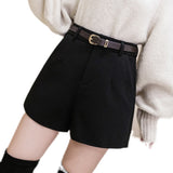 Black Woolen Shorts Female Spring And Autumn Outside Wearing Small Tall Waist Wide Leg Pants 2025 New Show Thin Bottom Boots