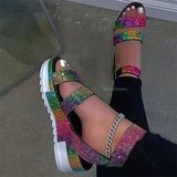 Women's Bling Glitter Sandals Female Ankle Buckle Flat Platform Ladies Non Slip Outdoor Shoes Woman Beach Footwear Big