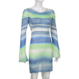 Women Tie Dye Flare Sleeve Knitted Mini Dress Sexy Backless Aesthetic Autumn Striped Streetwear Party Elegant