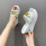 Women Sandals High Heel Slides Fashion Metal Decoration Peep Toe Solid Zapatillas Mujer Casa Sapatos Femininos Sliders