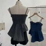Real Shoot Hottie Vintage Cowboy Sling Vest Irregular Wood Ear Short-Term Waist Sleeveless Top