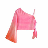 Chic Tie-dying Asymmetrical Blouses Women 2021 za Fashion Sexy Side Bow Tie Zipper Skew Collar Shirts Casual Female