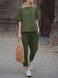 2022 Casual Suit Women New Retro Solid Short-sleeved T-shirt Trousers Two-piece Summer Loose Tops Pencil Pants Commuter