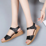 Breakj Cow Skin Slope Heel Sandals Women Korean Version Of Fashion Magic Sticky Beach Sandals One-字字 Heel Mother