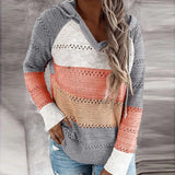 Autumn Patchwork Hooded Sweater Casual V-neck Striped Knitted Sweater Female Long Sleeve Pullover Jumpers New