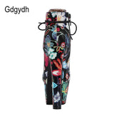 Lacing Very Ultra High Heel Boots For Women Fashion Flowers Vintage Ankle Boots Ladies Party Shoes Spring Autumn Big