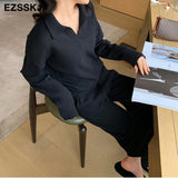 Pieces Set Women oversize Tracksuit polo collar Sweater Pullover straight pants Sweater Set CHIC Knitted Outwear sweater