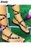 Women Sandals 2023 Summer Shoes Women Sandalias Gladiator Sandals Women Studded Pinch Toe Cross Straps Flat Casual