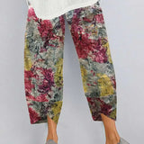 Fashion Loose Plus Size Elastic Waist Cropped Pants Casual Irregular Wide Leg Pants Multi-color Print Cotton Linen
