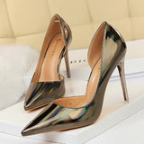 Breakj Metallic High Heels With High Heels Shallow Pointed Side Hollow Out Sexy Nightclub Women's Singles