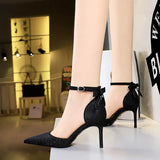 Breakj Hollow High Heels Fine Heel High Heel Shallow Pointed Hollow Out One Word Belt Back Bow