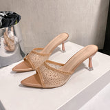 Breakj Temperament Cool Slippers Women's Summer Wear A New Fine Heel Mesh Hot Diamond Pointy Fish Mouth Exposed High