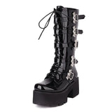 Bat Decoration Gothic Boots Women Patent Leather Mid Calf Boots For Women Belt Buckle Combat Motorcycle Boots