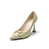 Women's High Heels Female Stiletto Pointed French Retro Pumps Patent Leather Horsebit Single Shoes Profession Work