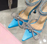 Hot Glitter Rhinestones Women Pumps Crystal bowknot Satin Summer Lady Shoes Genuine leather High heels Party Prom