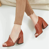 Breakj Size Thick Heel Heels Fish Mouth Spring 2023 New Leather Shoes Deep Mouth Heel Hollow Sandals Women's