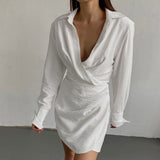 Elegant V Neck Sexy Long Sleeve Shirt Dress Women Autumn Black White Ruched Casual Short Dresses Ladies