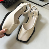 Flat Square Toe Single Shoes Leather Shoes Spring Summer Sandals Elastic Rear Strap Mary Jane Shoes Woman Solid