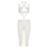 Puss Sexy Mesh Patchwork Dresses Women Hollow Out Ruched Solid Color Skinny Slim See Through Bodycon Summer Party